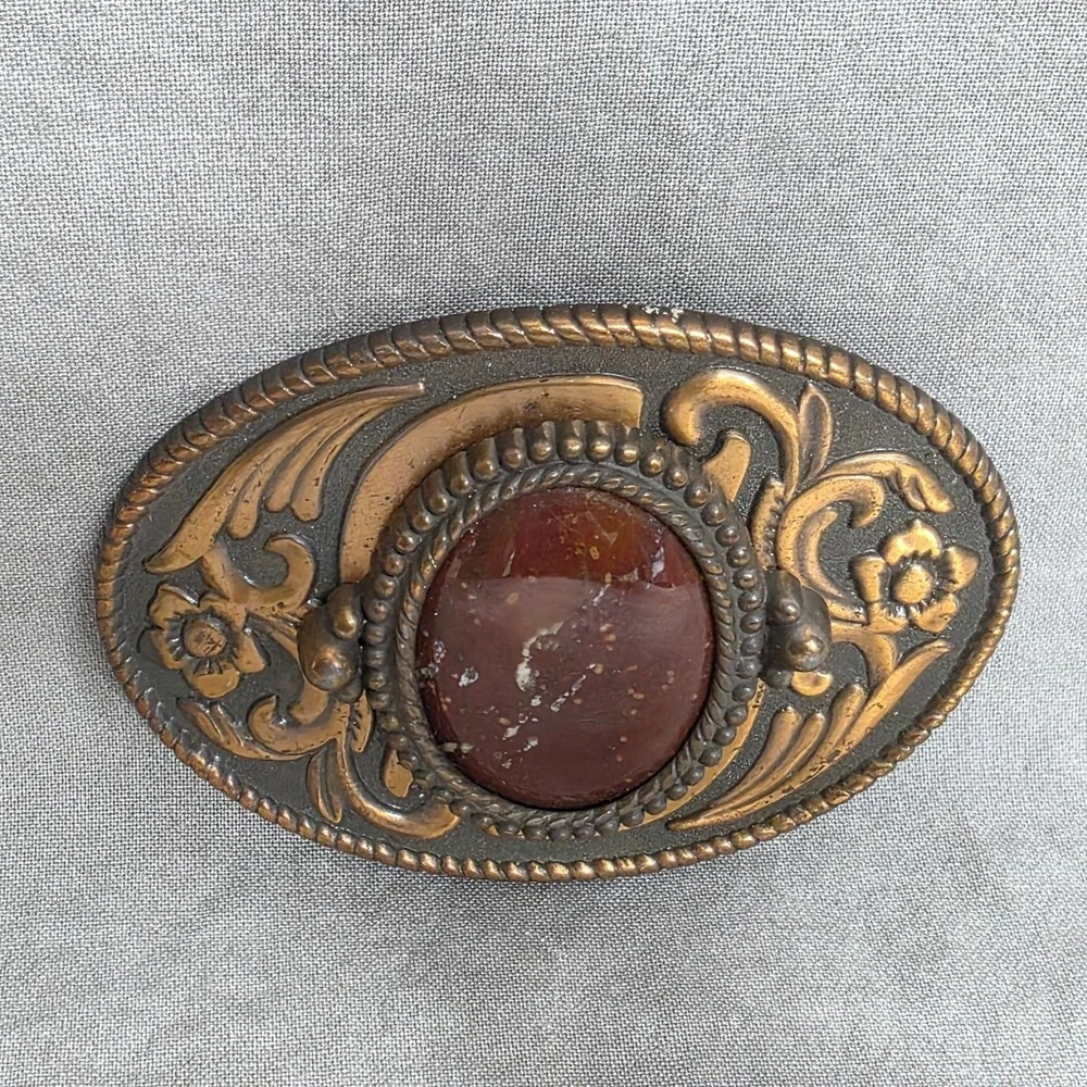 Belt Buckle Vintage Western Style Oval Red Jasper Stone Scrollwork Rope Border